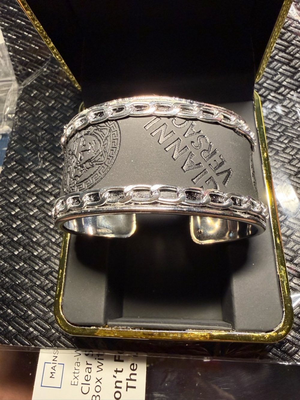 Versace Black & Silver Men’s Chain-Trim Leather Cuff Bracelet